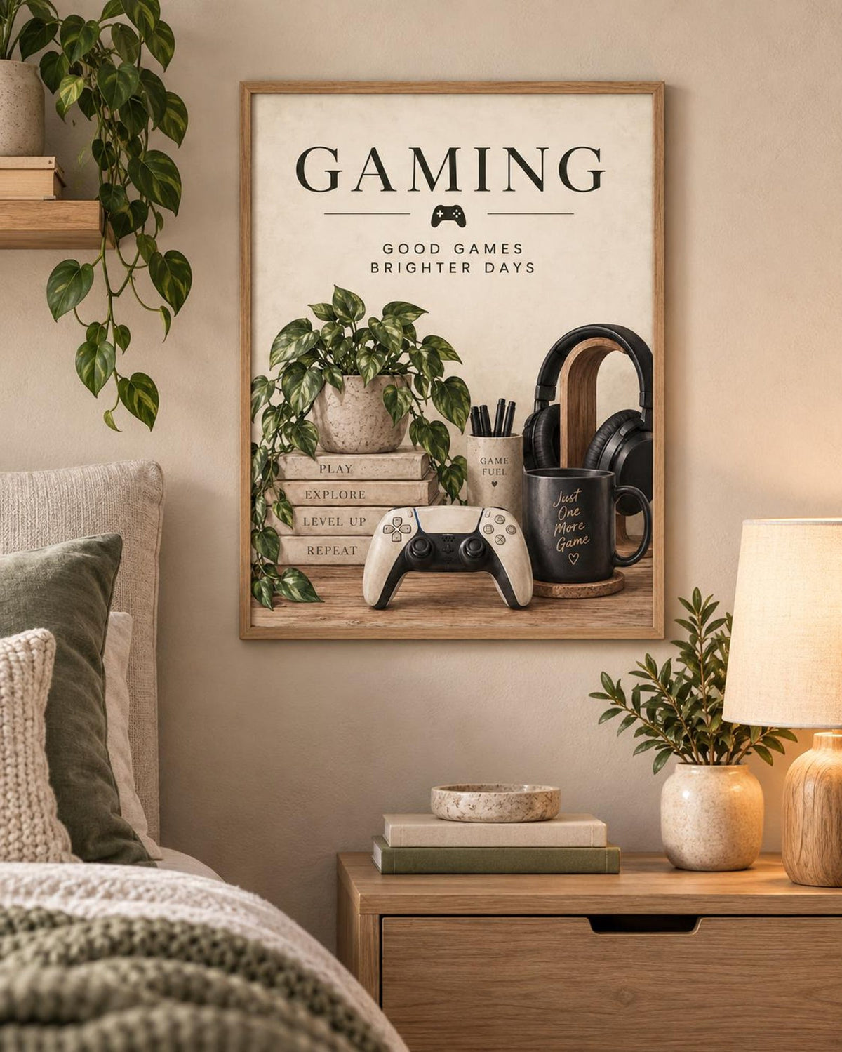 Framed neutral gamer room lifestyle mockup