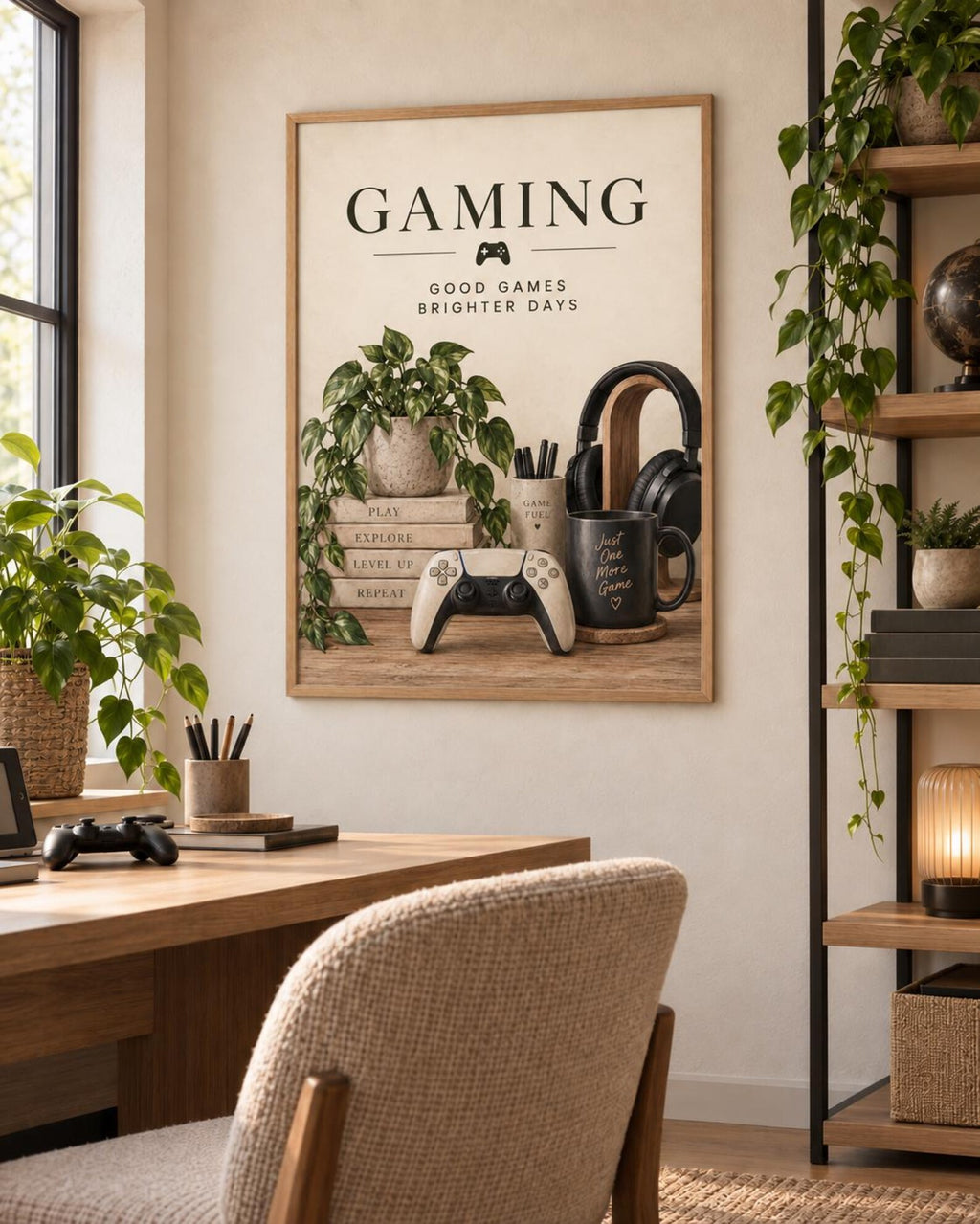 Framed gaming setup neutral interior mockup