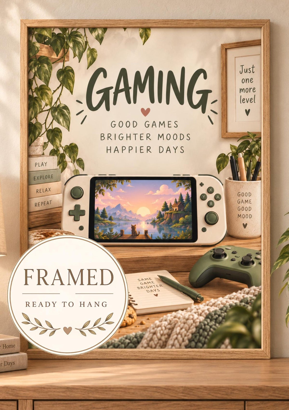 Framed Cosy Gaming sage green front image