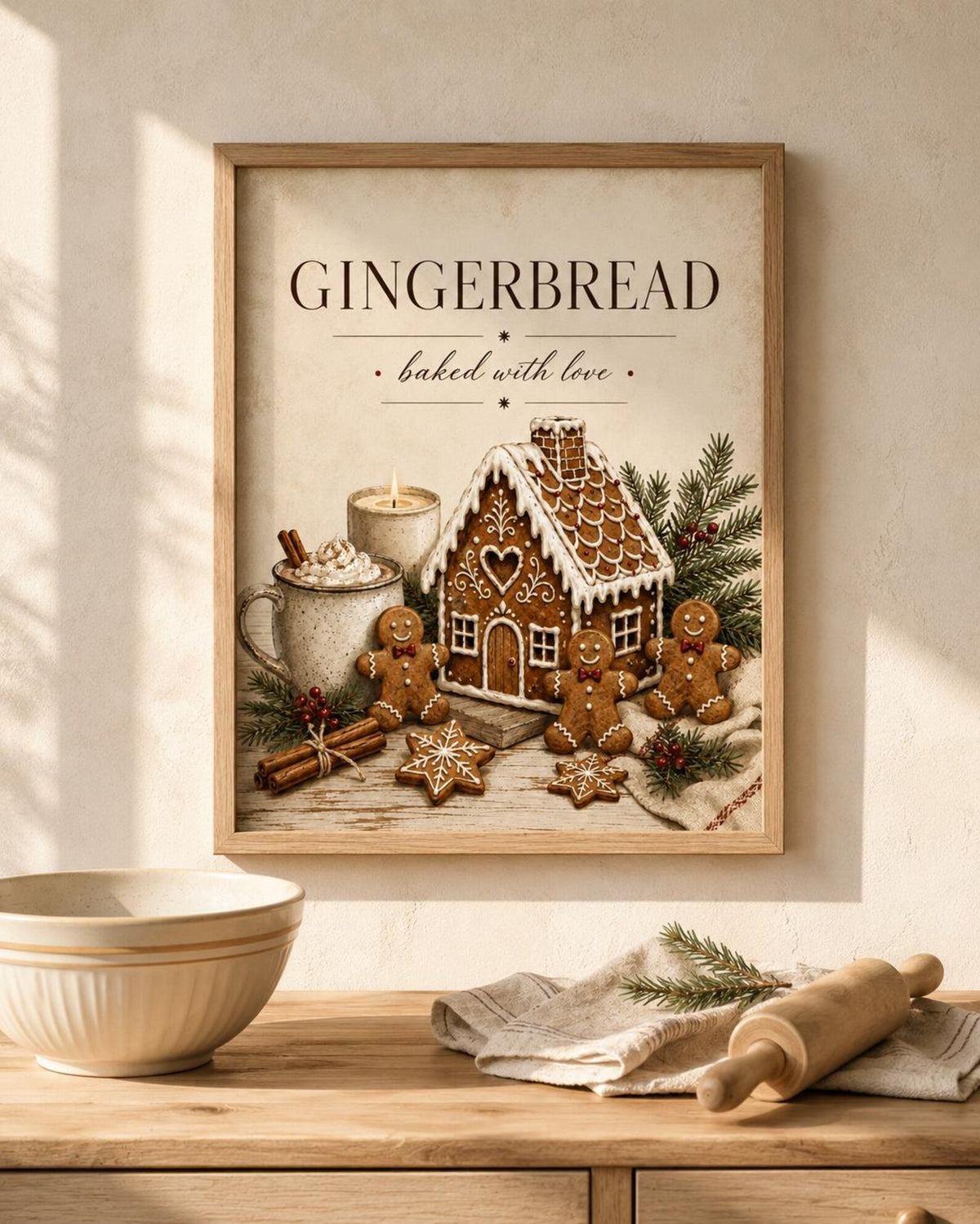 Framed Gingerbread Christmas print festive kitchen mockup
