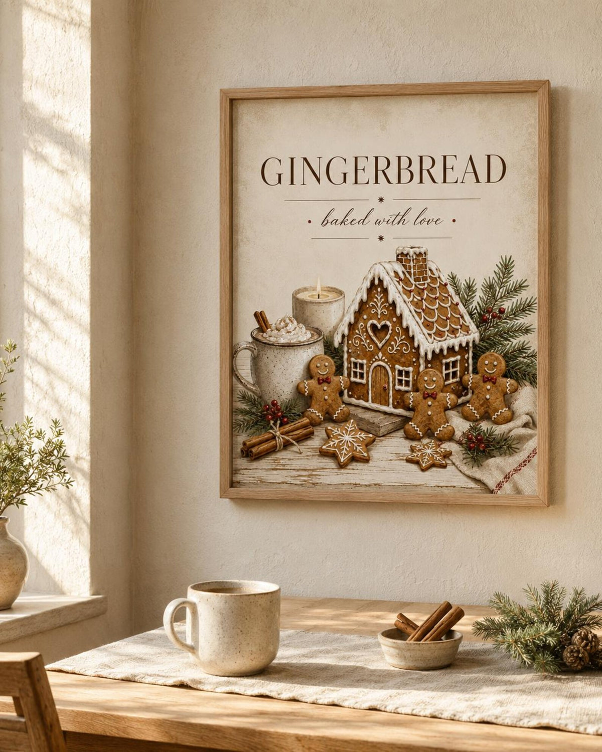 Framed Gingerbread Christmas print neutral kitchen lifestyle mockup