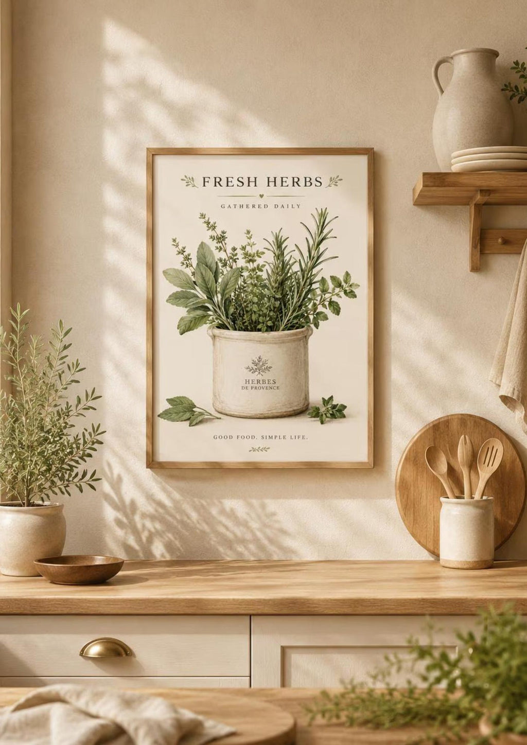 Framed Fresh Herbs kitchen print lifestyle mockup 1