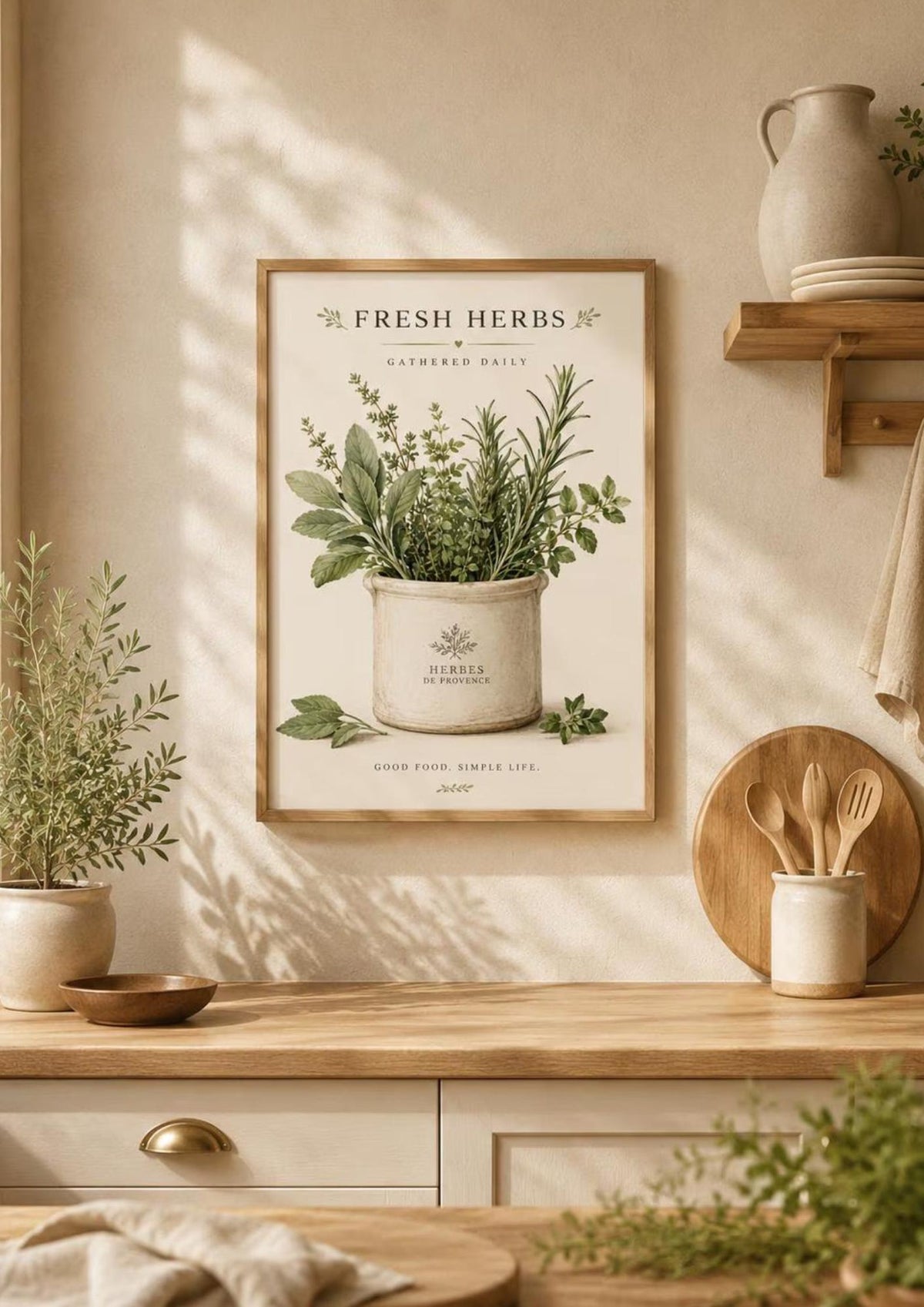 Framed Fresh Herbs kitchen print lifestyle mockup 1