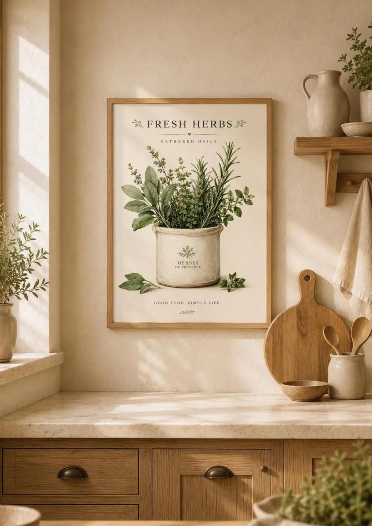 Framed Fresh Herbs kitchen print lifestyle mockup 2