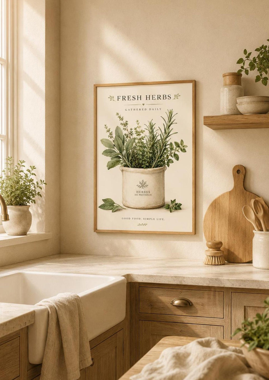 Framed Fresh Herbs kitchen print lifestyle mockup 3