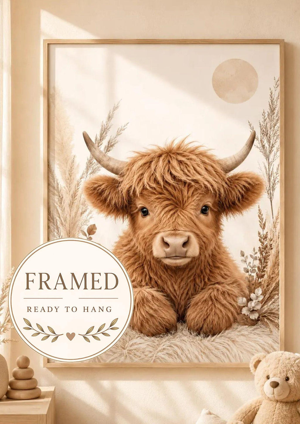 Framed Highland Cow nursery print front image