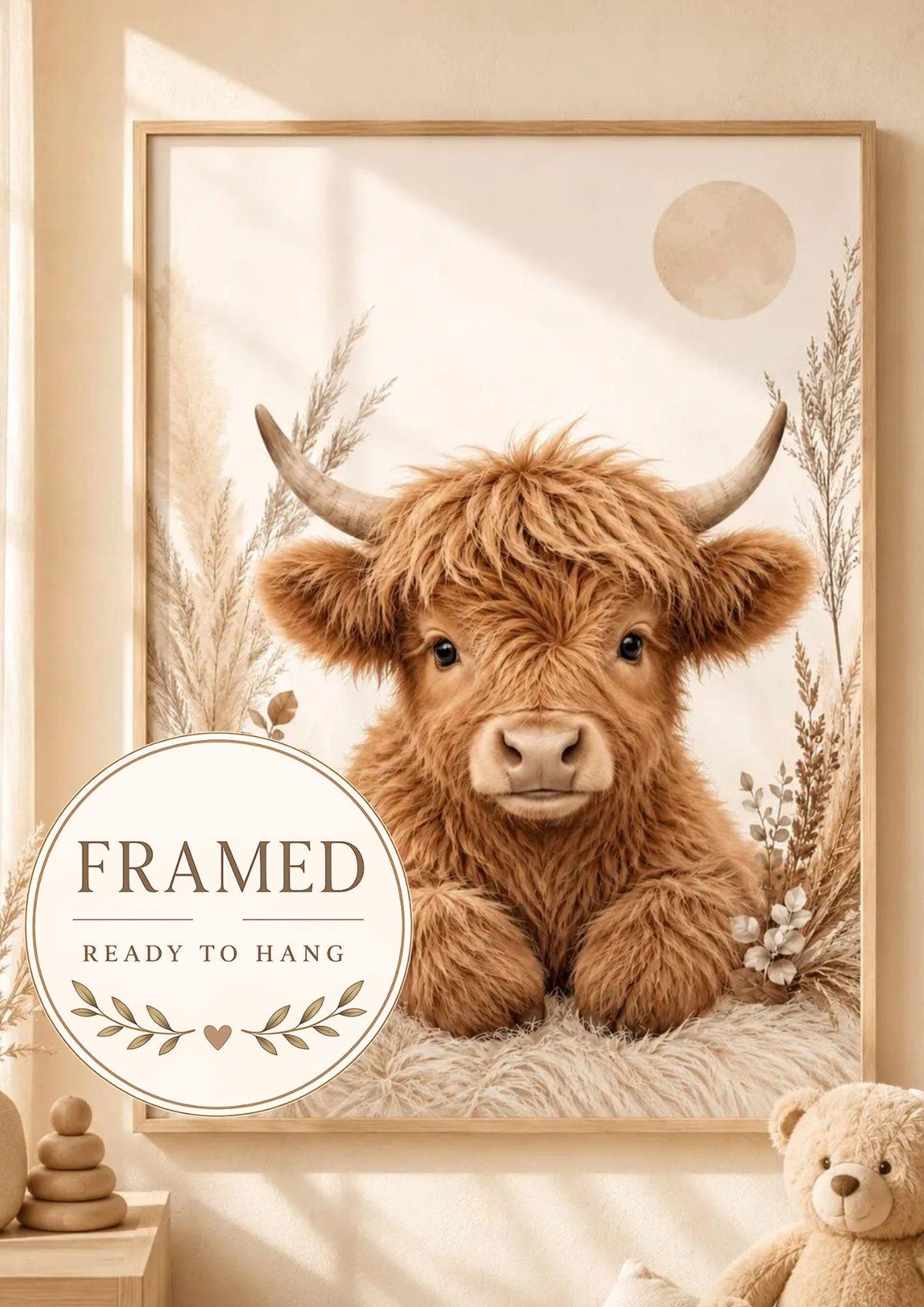 Framed Highland Cow nursery print front image