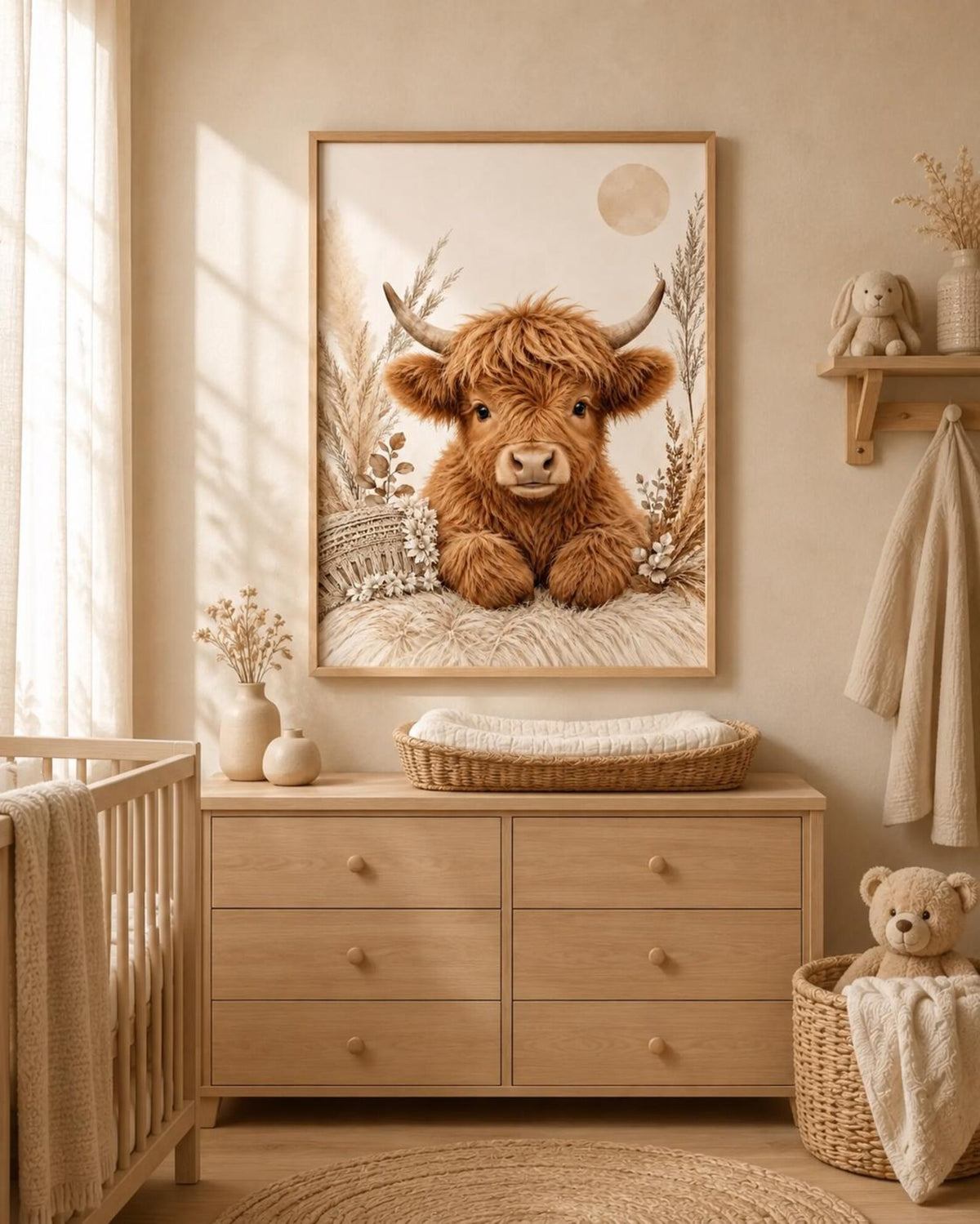 Framed Highland Cow neutral nursery wall art mockup