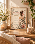 Framed self care affirmation print with kindness quote, woman, butterflies and wildflowers — lifestyle view