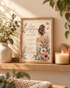 Framed self care affirmation print with kindness quote, woman, butterflies and wildflowers — lifestyle view