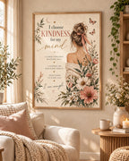 Framed self care affirmation print with kindness quote, woman, butterflies and wildflowers — lifestyle view