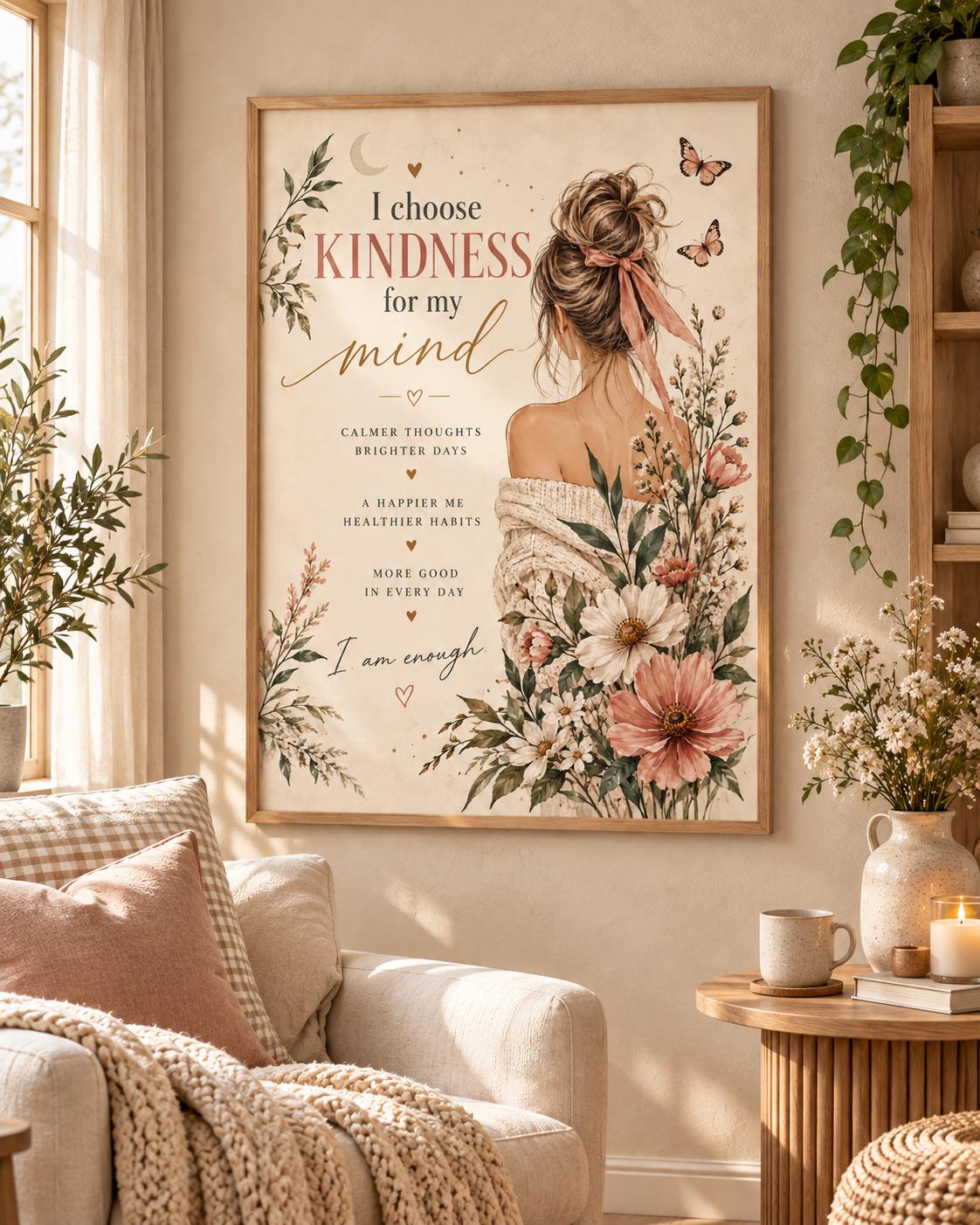 Framed self care affirmation print with kindness quote, woman, butterflies and wildflowers — lifestyle view
