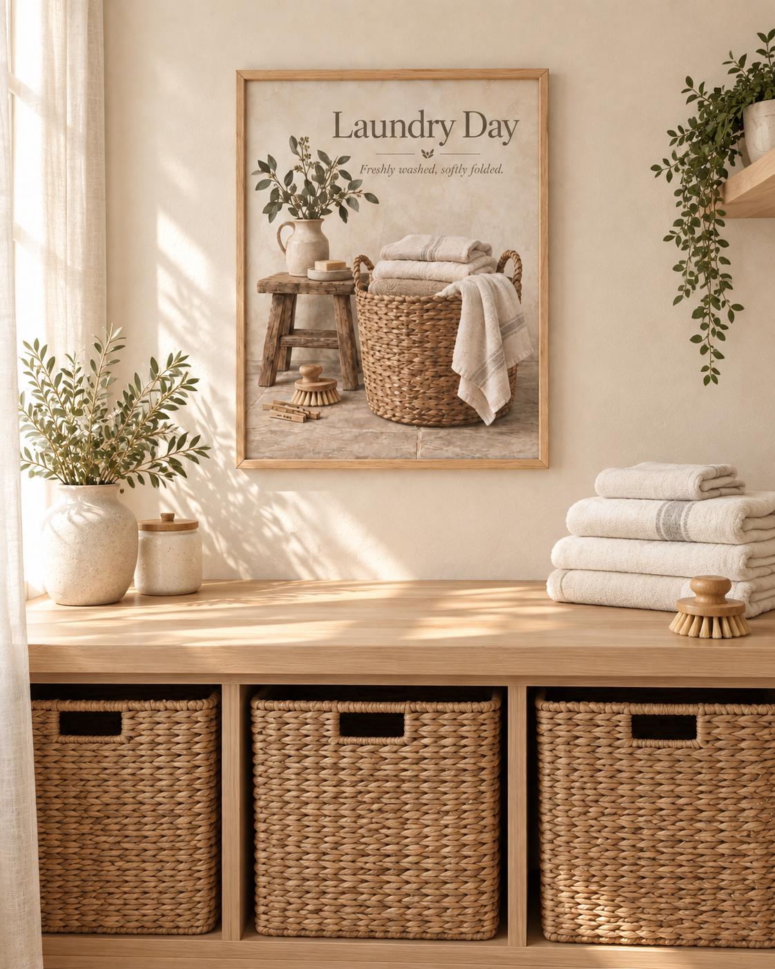 Framed neutral laundry wall art room mockup
