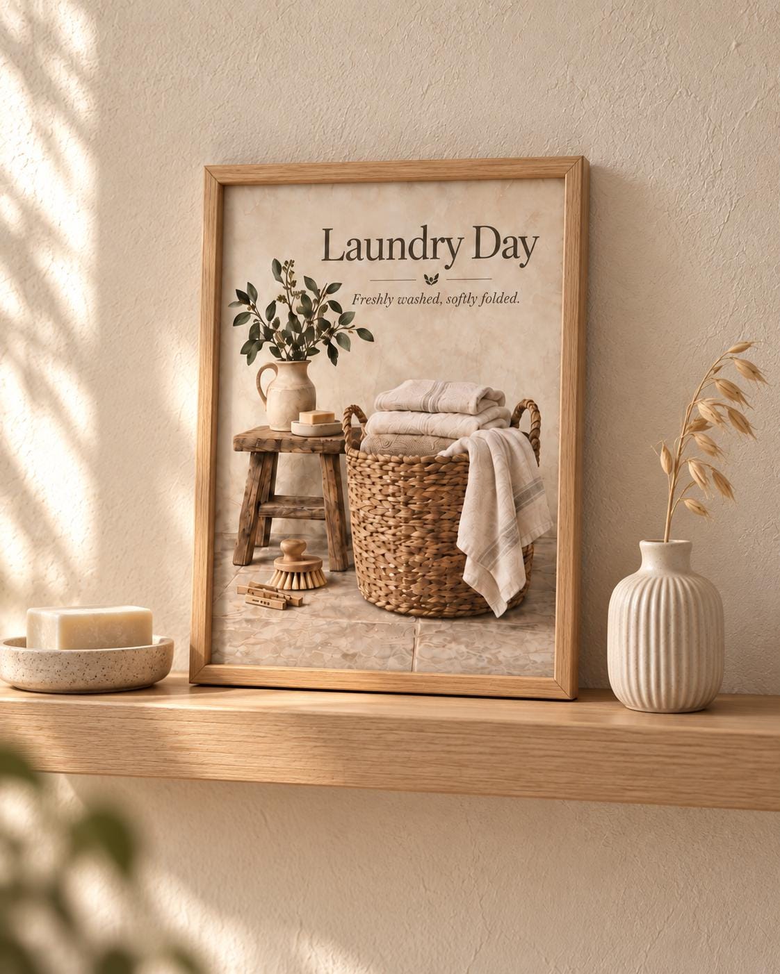 Framed laundry wall art styled room mockup