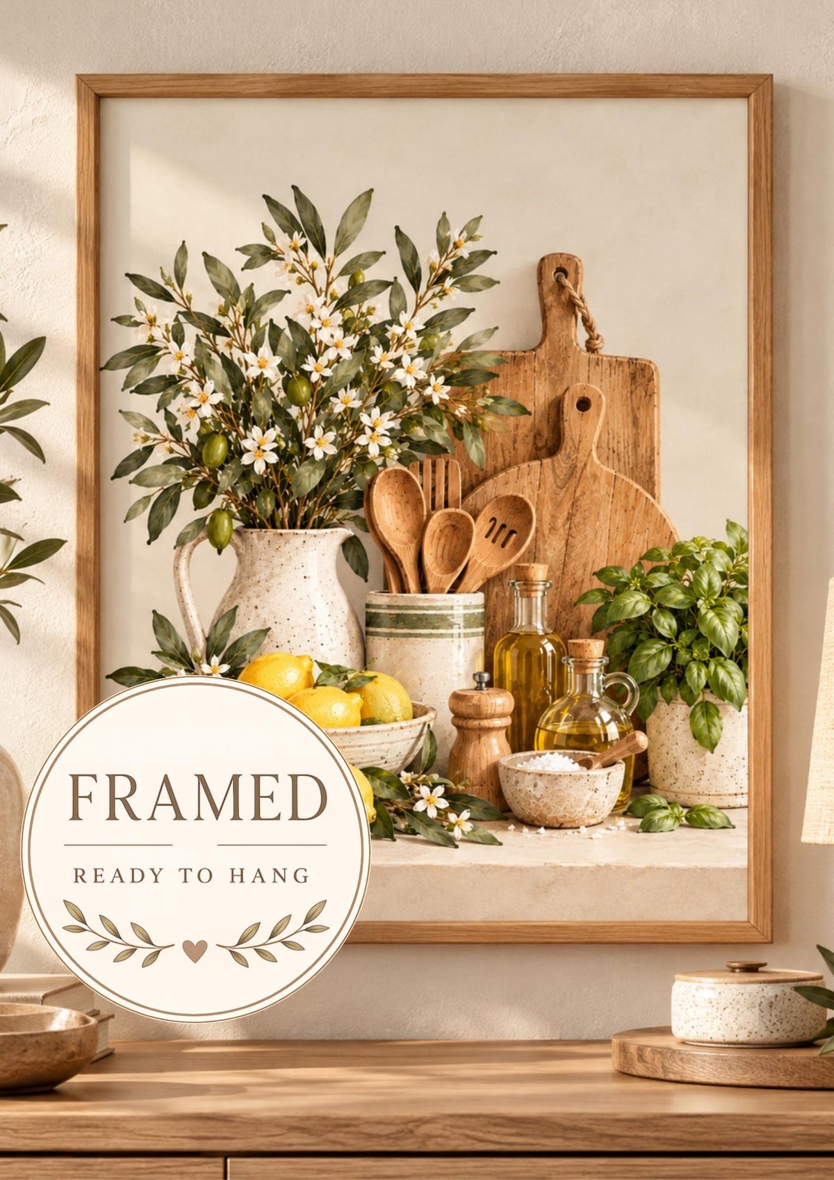 Framed ready-to-hang lemon and herb kitchen artwork front image