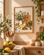 Framed ready-to-hang lemon and herb kitchen artwork lifestyle 1