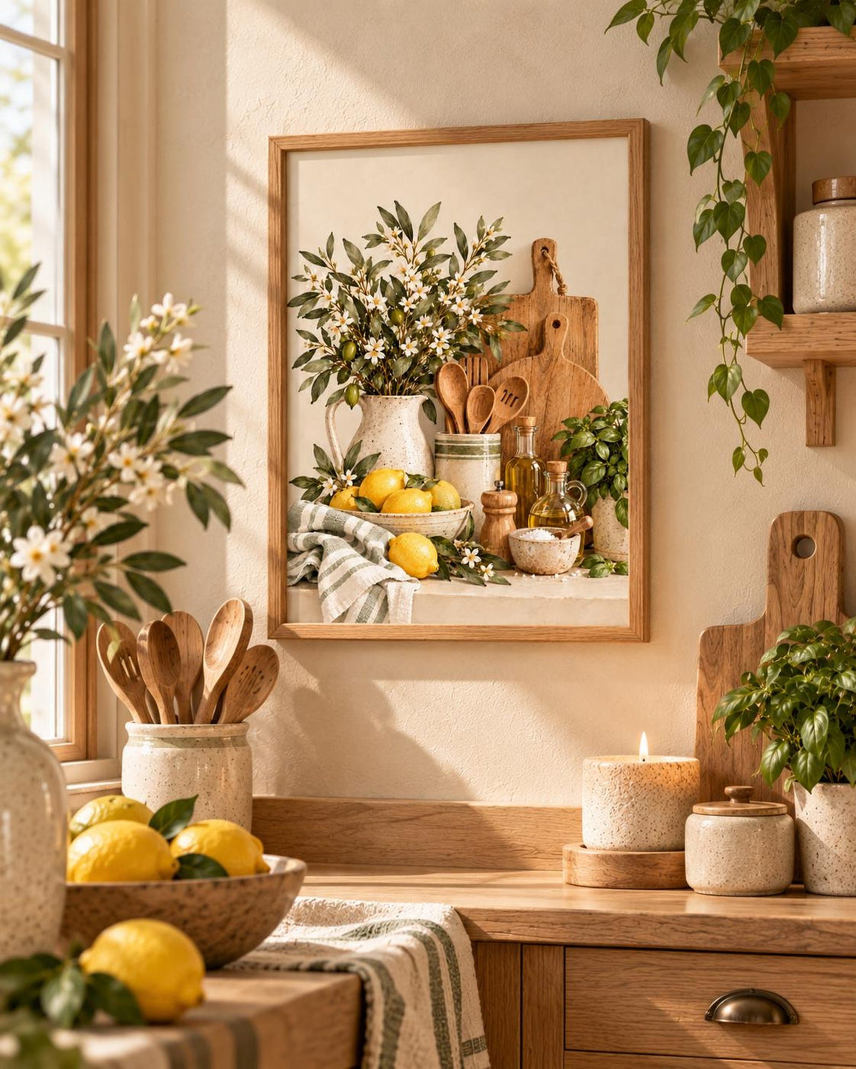 Framed ready-to-hang lemon and herb kitchen artwork lifestyle 1