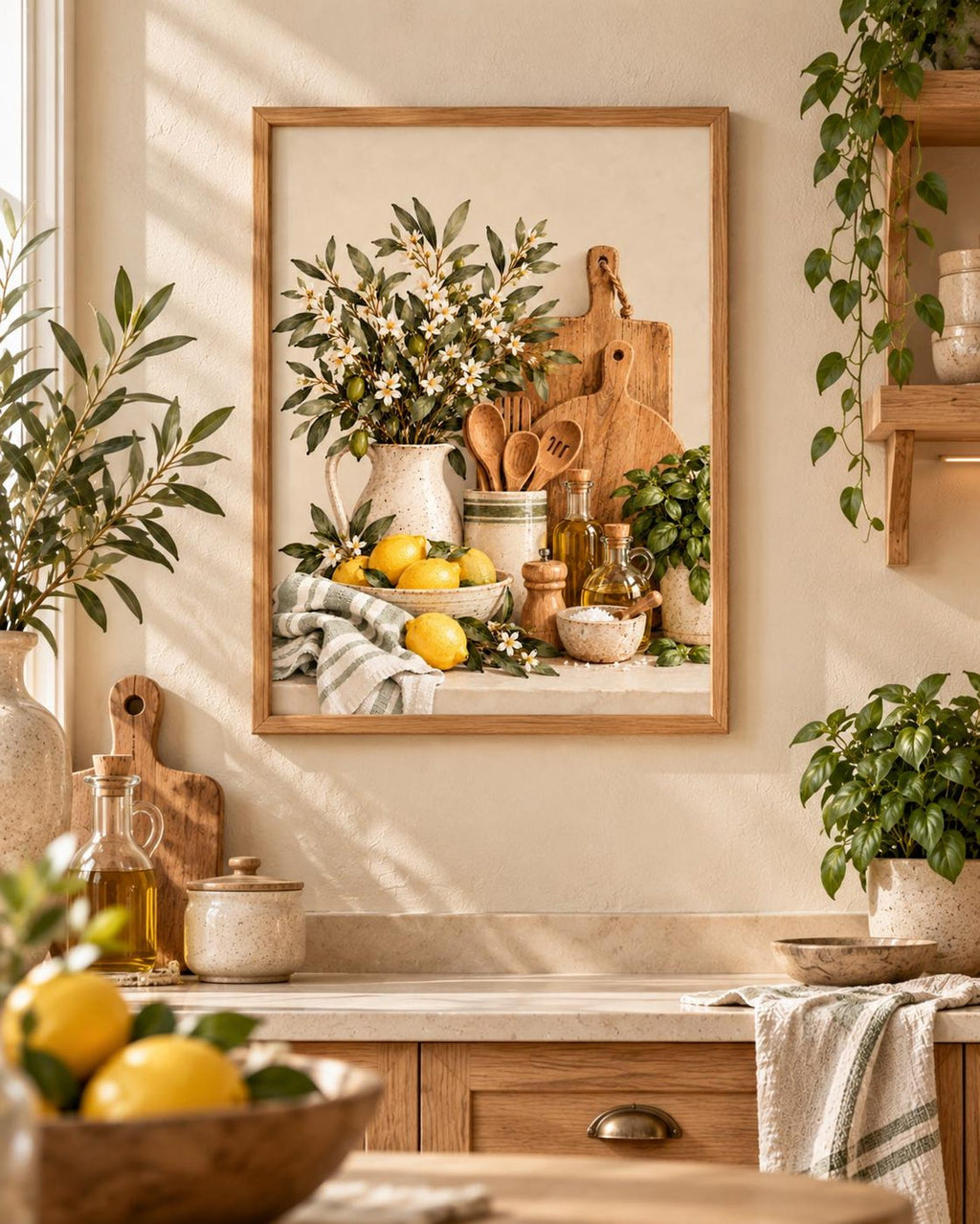 Framed ready-to-hang lemon and herb kitchen artwork lifestyle 2