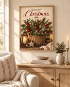 Framed Merry Christmas print in a warm festive interior