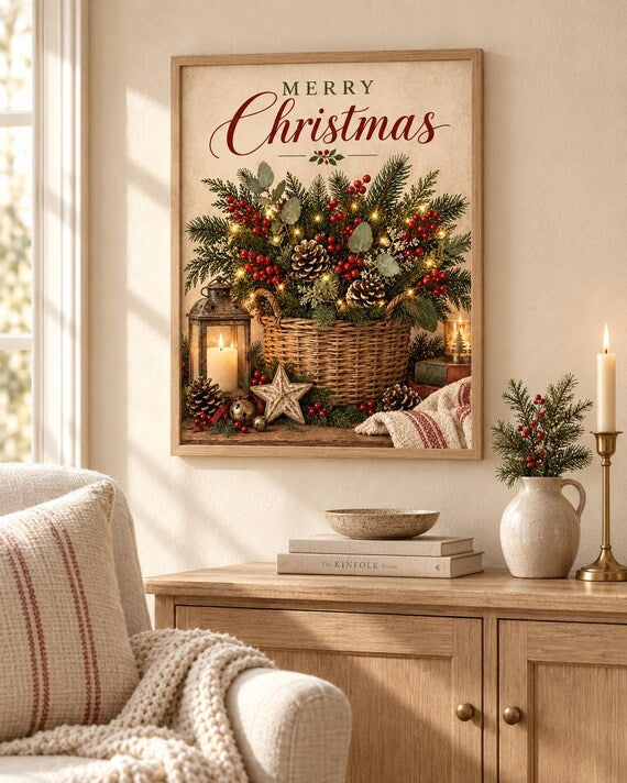Framed Merry Christmas print in a warm festive interior