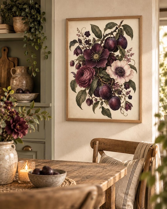 Framed plum botanical print room lifestyle mockup
