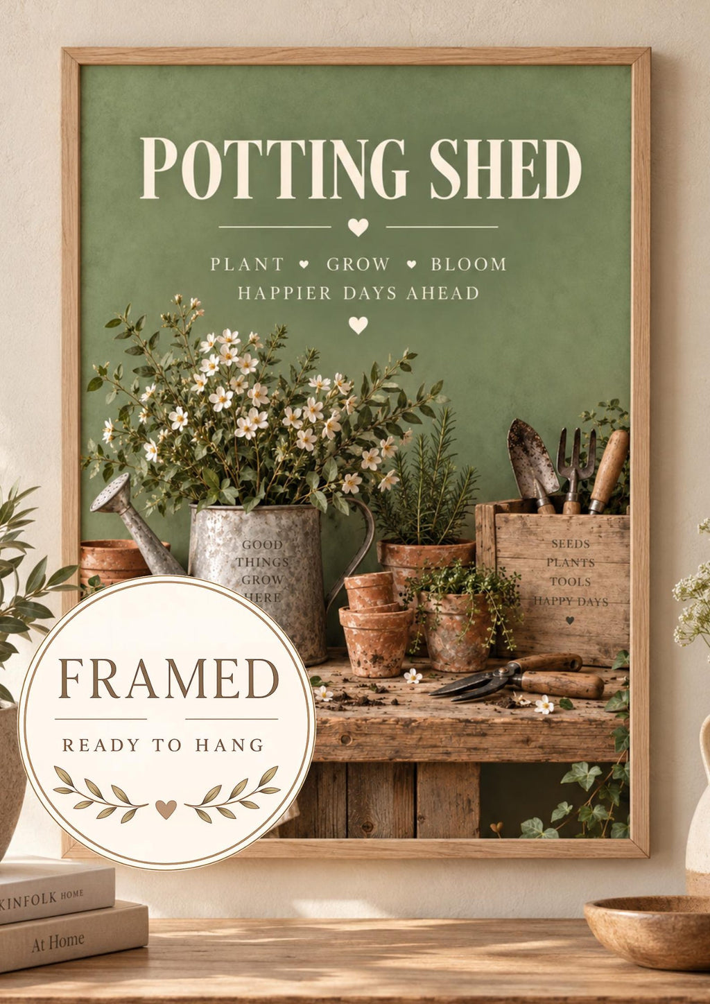 Framed Potting Shed sage green wall art front image
