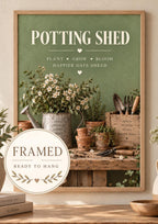 Framed Potting Shed sage green wall art front image