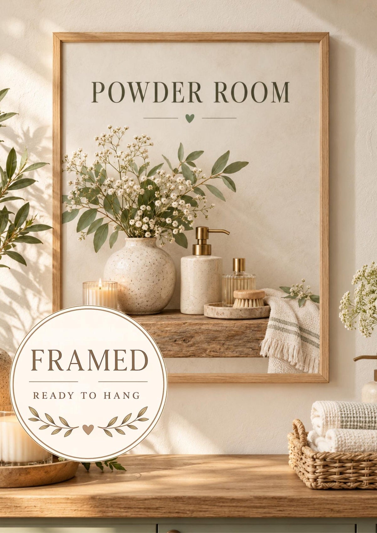 Framed Powder Room Print, Neutral Botanical Bathroom Art, Downstairs Toilet Decor — front image