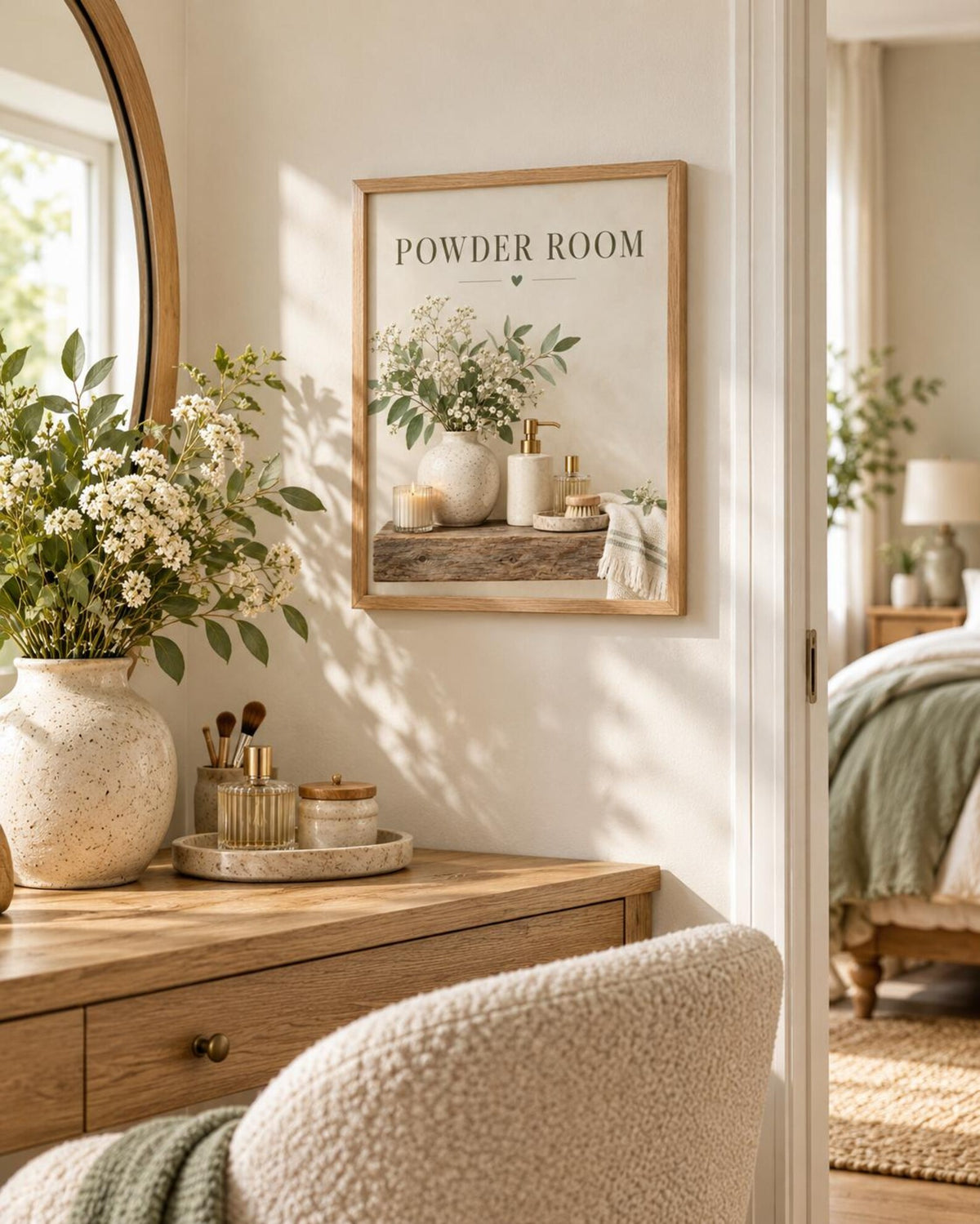 Framed Powder Room Print, Neutral Botanical Bathroom Art, Downstairs Toilet Decor — lifestyle mockup 1
