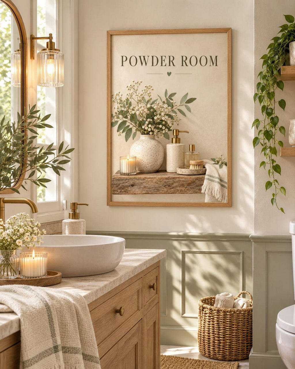 Framed Powder Room Print, Neutral Botanical Bathroom Art, Downstairs Toilet Decor — lifestyle mockup 2