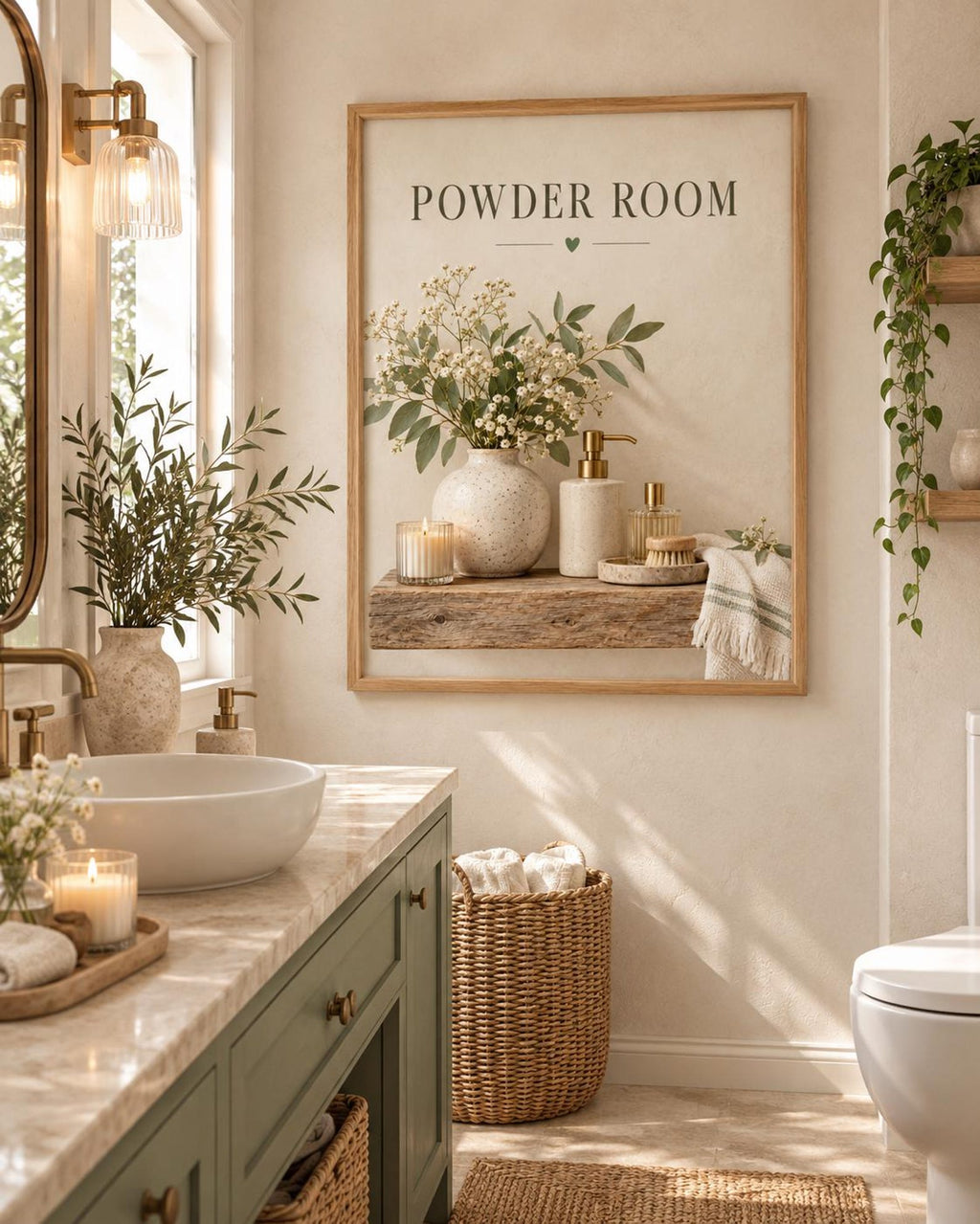 Framed Powder Room Print, Neutral Botanical Bathroom Art, Downstairs Toilet Decor — lifestyle mockup 3