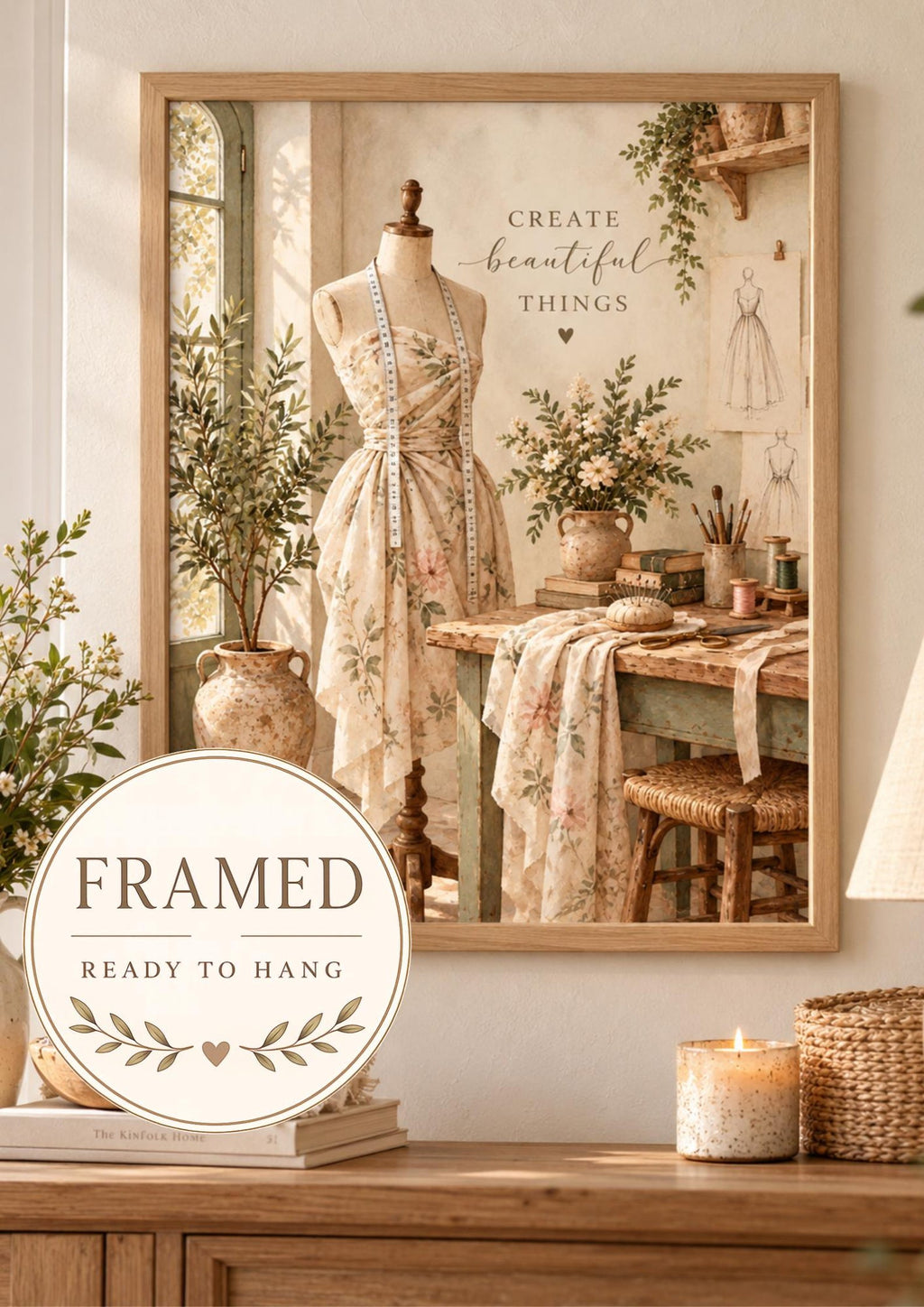 Framed Sewing Room Print, Vintage Dressmaker Art, Create Beautiful Things Quote — front image