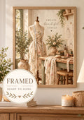 Framed Sewing Room Print, Vintage Dressmaker Art, Create Beautiful Things Quote — front image