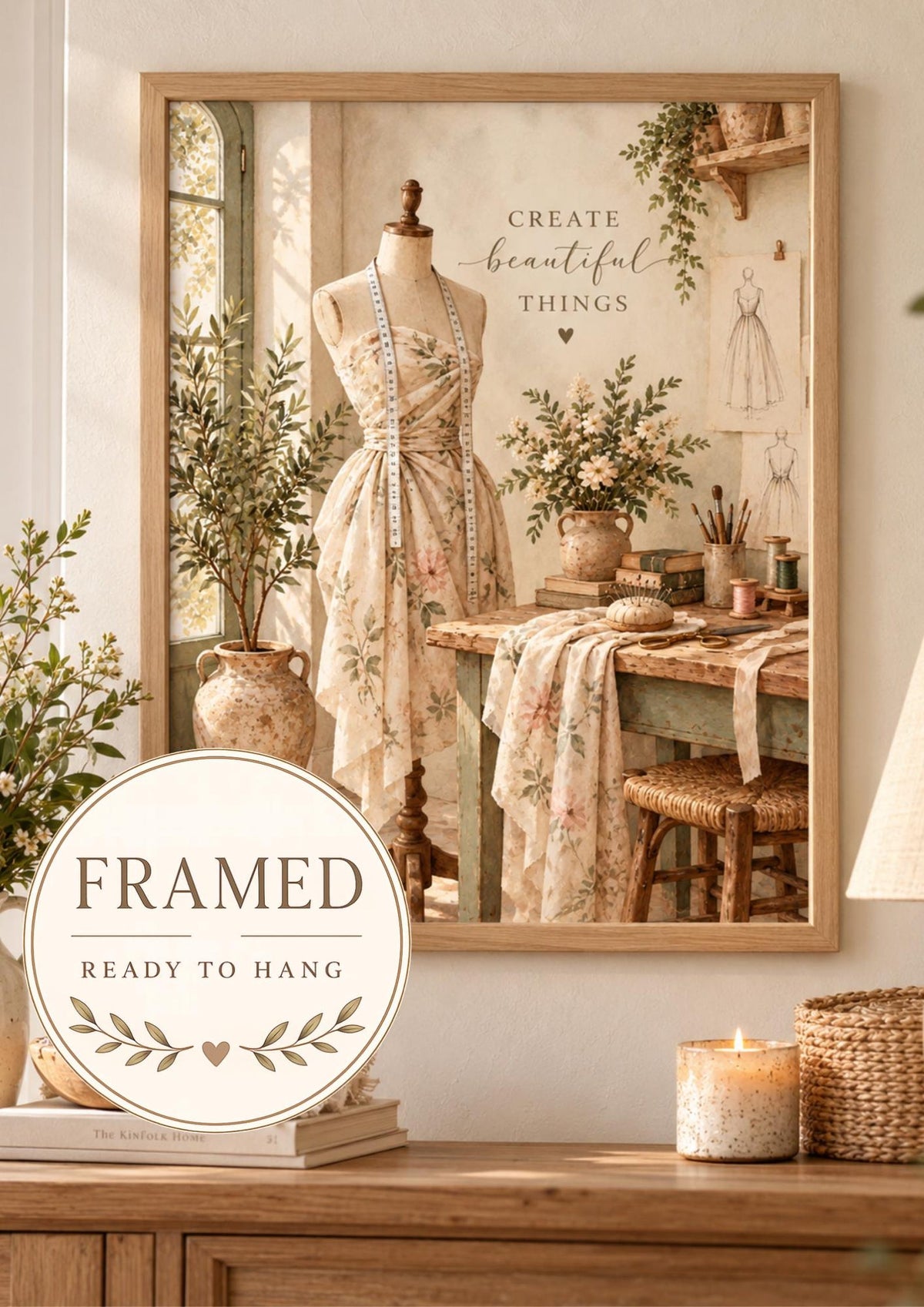 Framed Sewing Room Print, Vintage Dressmaker Art, Create Beautiful Things Quote — front image