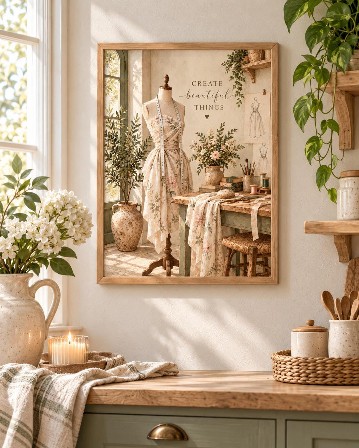 Framed Sewing Room Print, Vintage Dressmaker Art, Create Beautiful Things Quote — lifestyle mockup 3