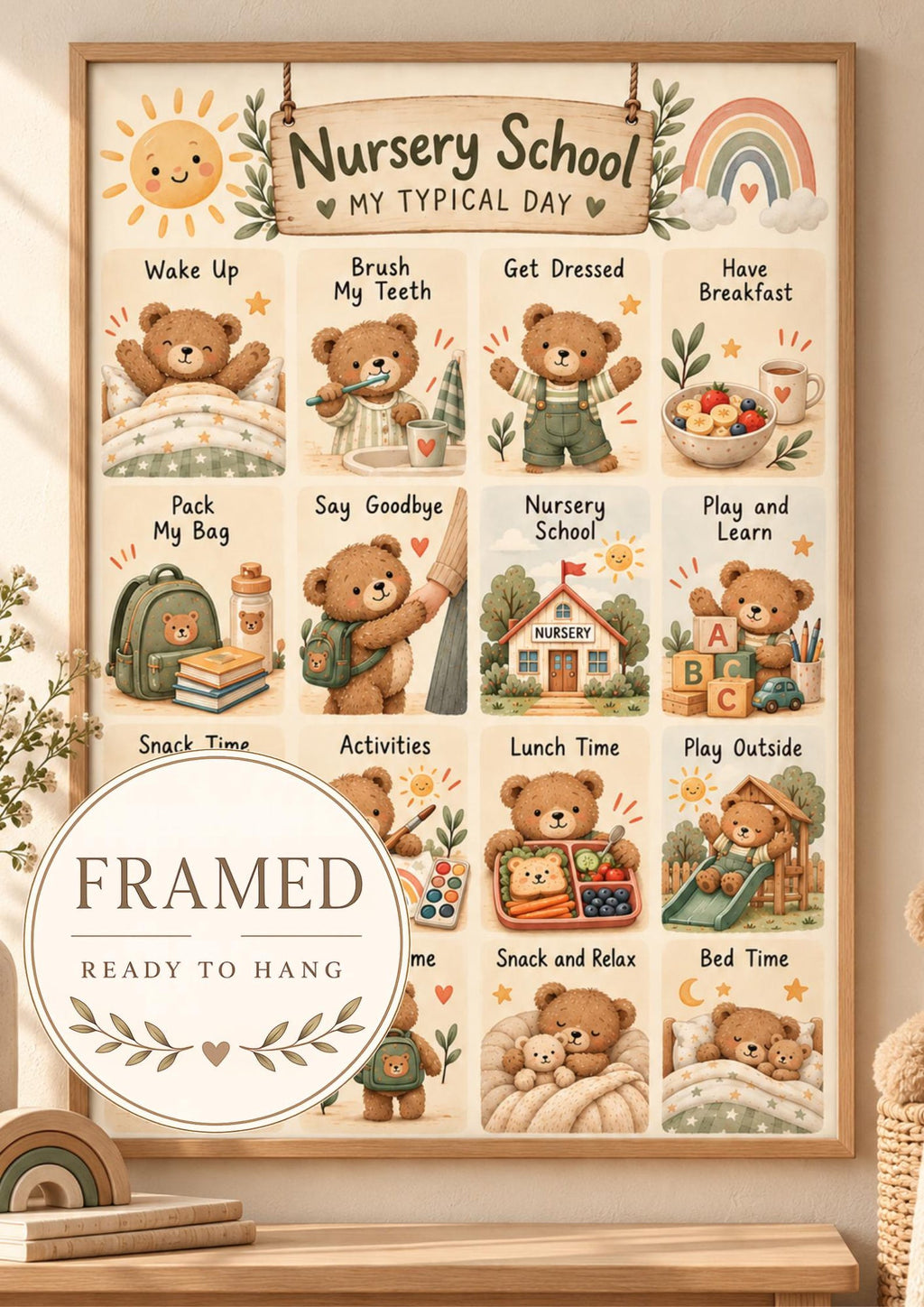 Framed Nursery Routine Print, Teddy Bear Daily Schedule Wall Art for Children's Bedroom — front image
