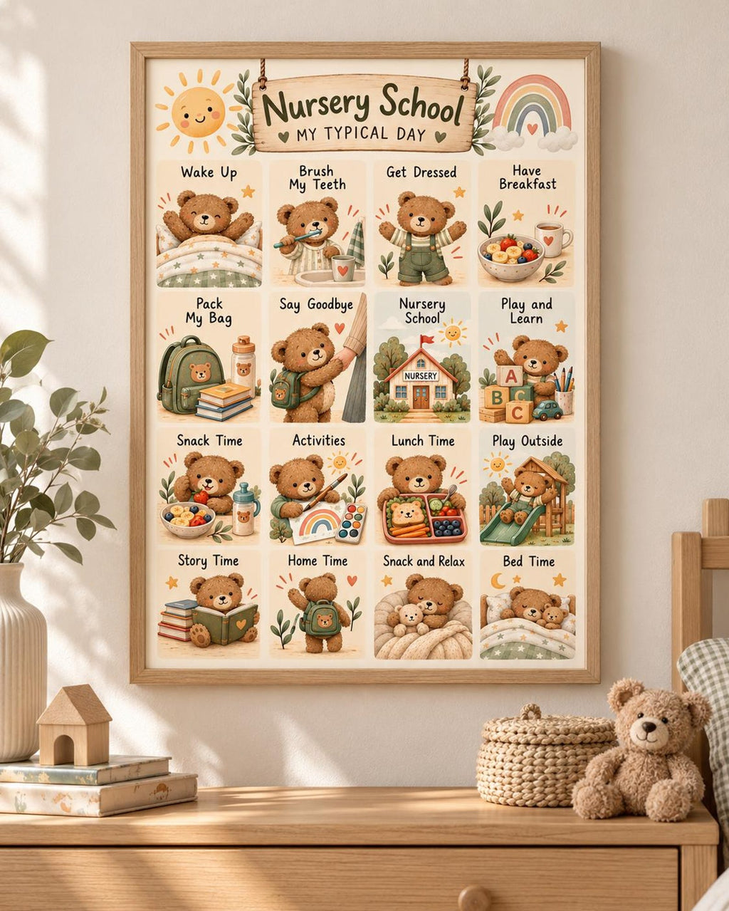 Framed Nursery Routine Print, Teddy Bear Daily Schedule Wall Art for Children's Bedroom — lifestyle mockup 4