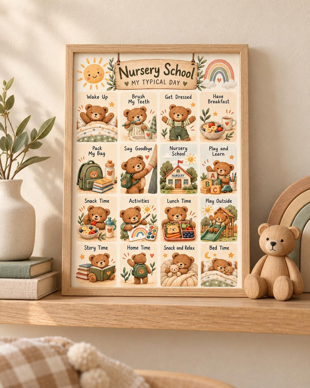 Framed Nursery Routine Print, Teddy Bear Daily Schedule Wall Art for Children's Bedroom — lifestyle mockup 5