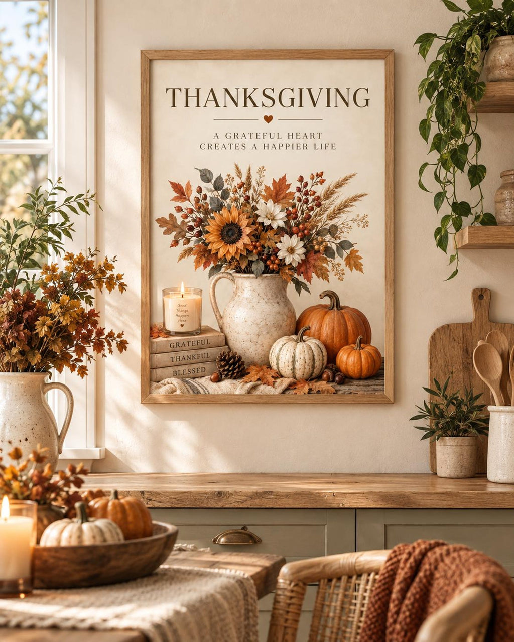 Framed Thanksgiving pumpkin floral wall art mockup