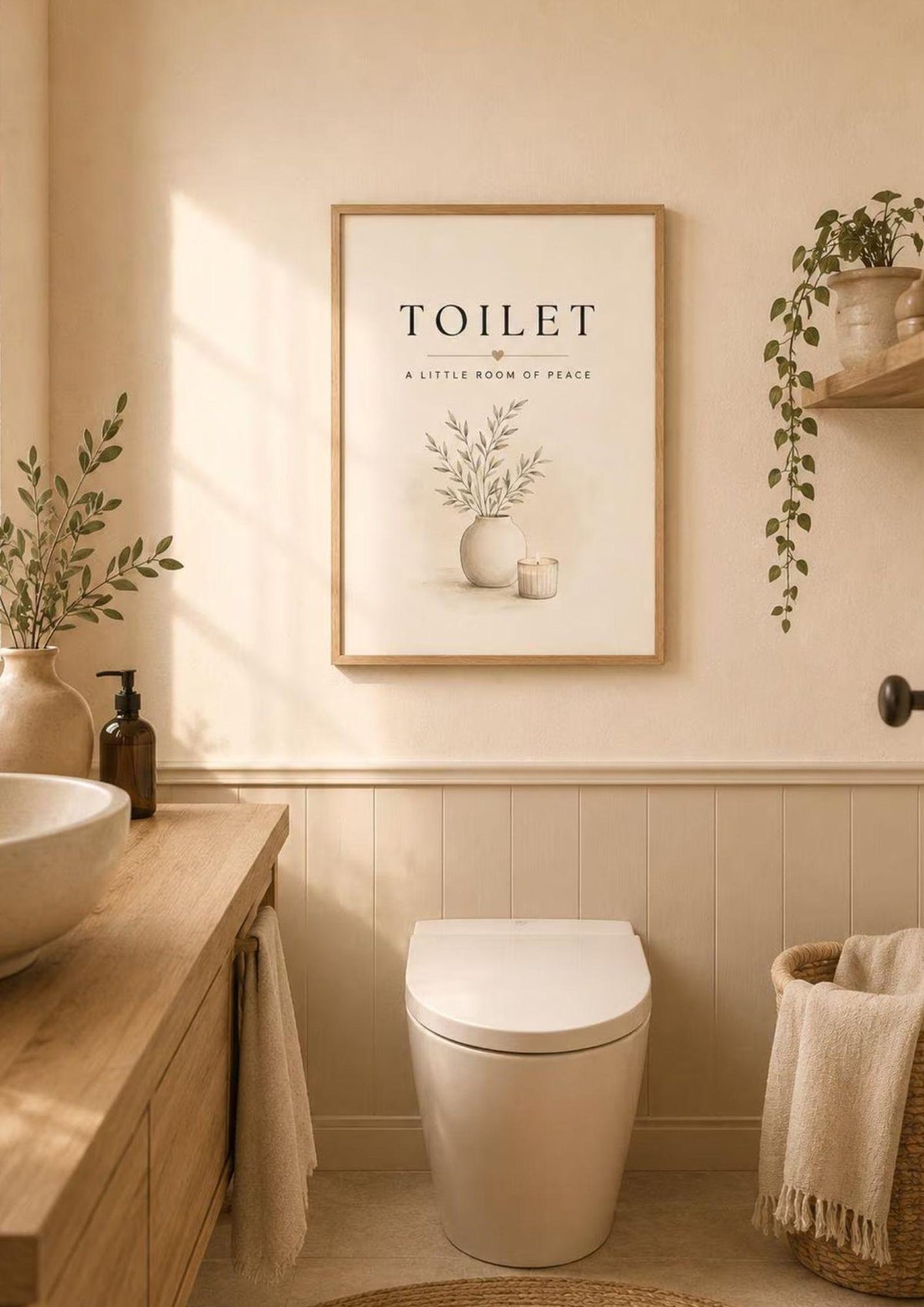 Framed neutral toilet print bathroom lifestyle mockup