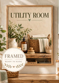 Framed Utility Room Print, Neutral Sage Laundry Art with Rustic Floral Styling — front image