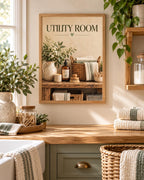 Framed Utility Room Print, Neutral Sage Laundry Art with Rustic Floral Styling — lifestyle mockup 1