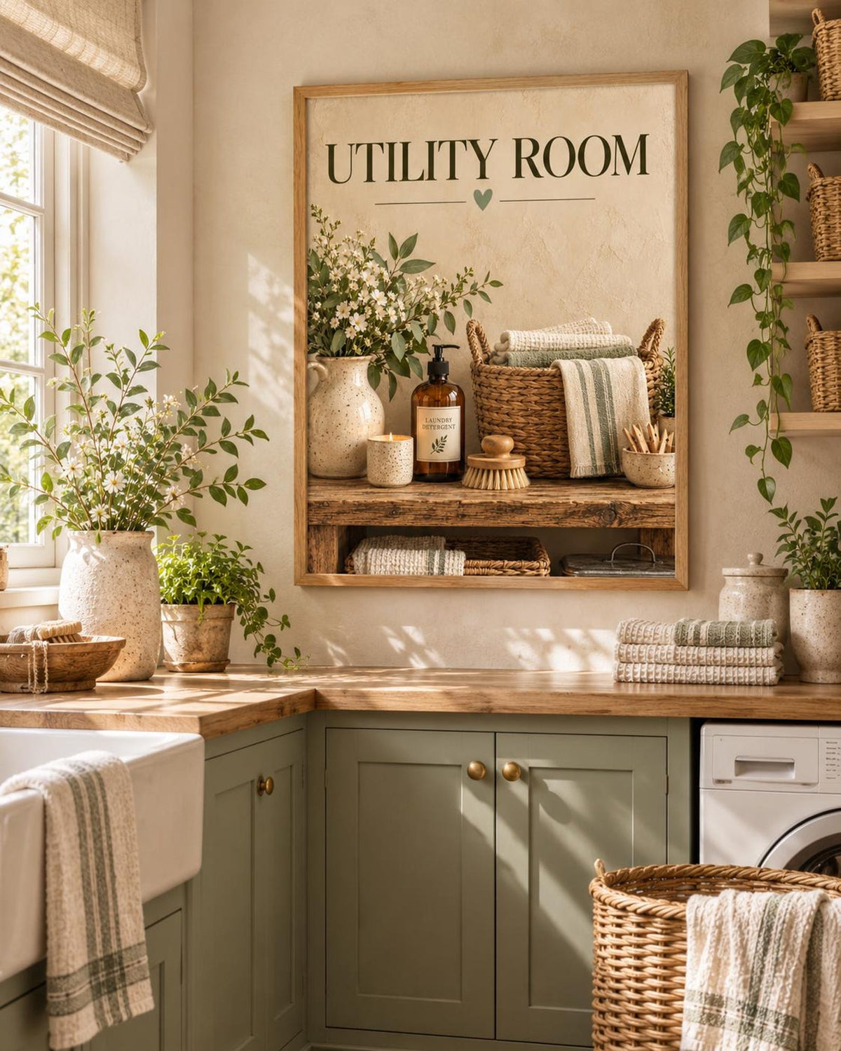 Framed Utility Room Print, Neutral Sage Laundry Art with Rustic Floral Styling — lifestyle mockup 2