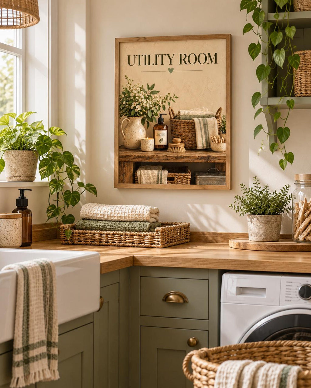 Framed Utility Room Print, Neutral Sage Laundry Art with Rustic Floral Styling — lifestyle mockup 3