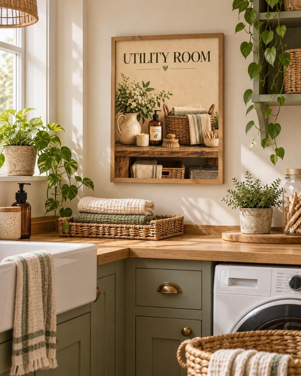 Framed Utility Room Print, Neutral Sage Laundry Art with Rustic Floral Styling — lifestyle mockup 3