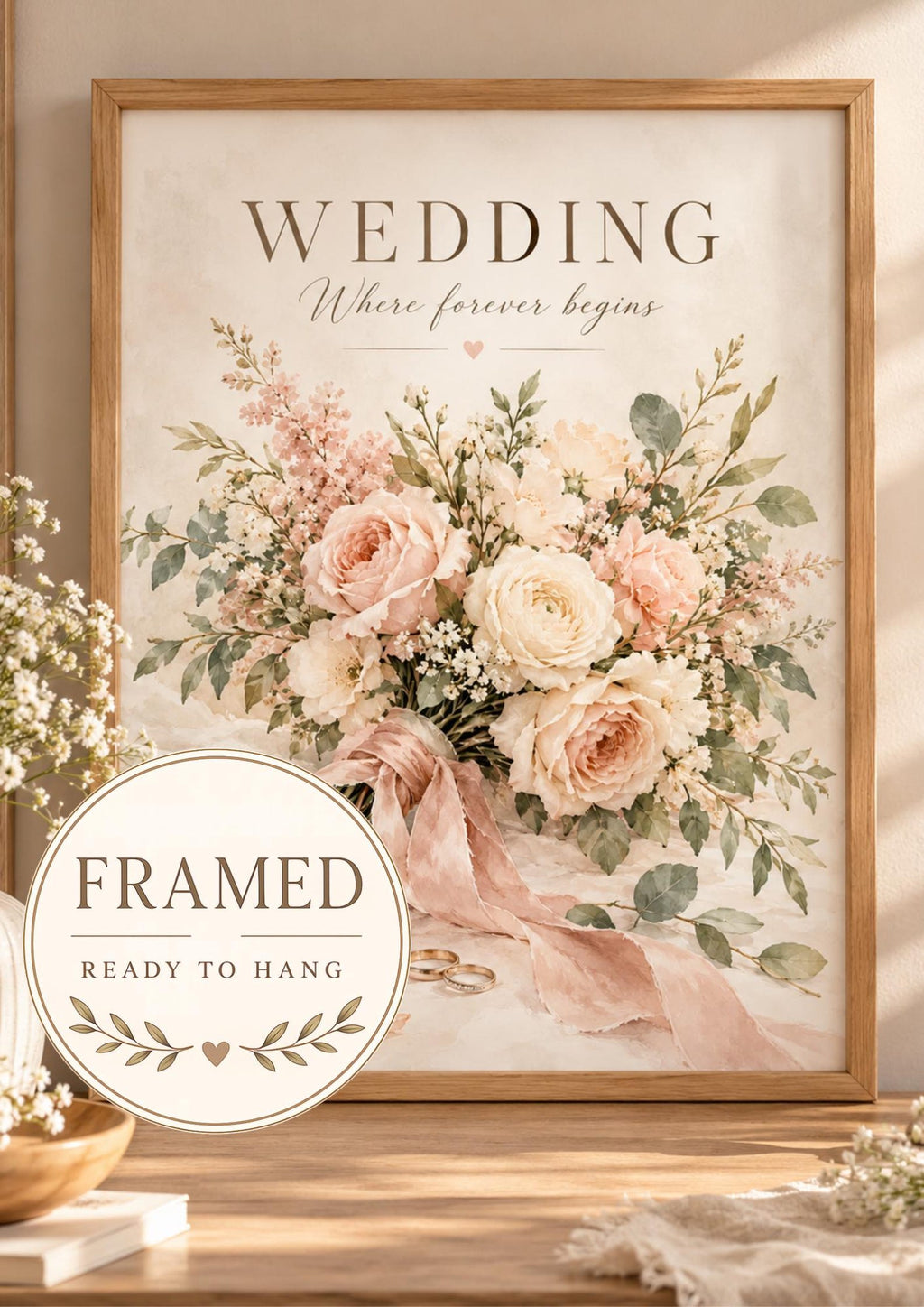 Framed Wedding Print with Blush Floral Bouquet and Romantic Marriage Quote — front image