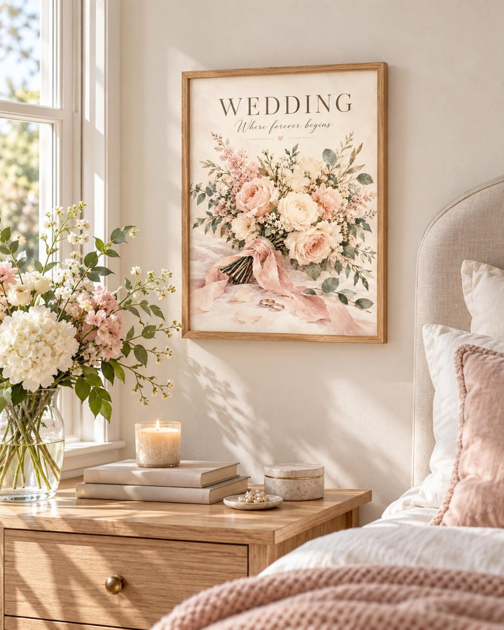 Framed Wedding Print with Blush Floral Bouquet and Romantic Marriage Quote — lifestyle mockup 1