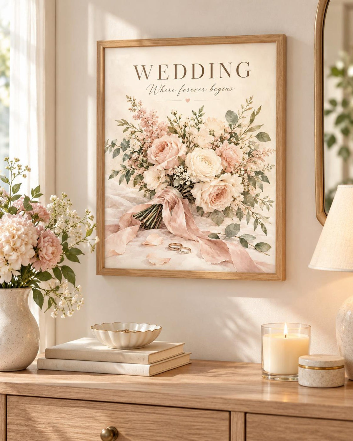Framed Wedding Print with Blush Floral Bouquet and Romantic Marriage Quote — lifestyle mockup 2