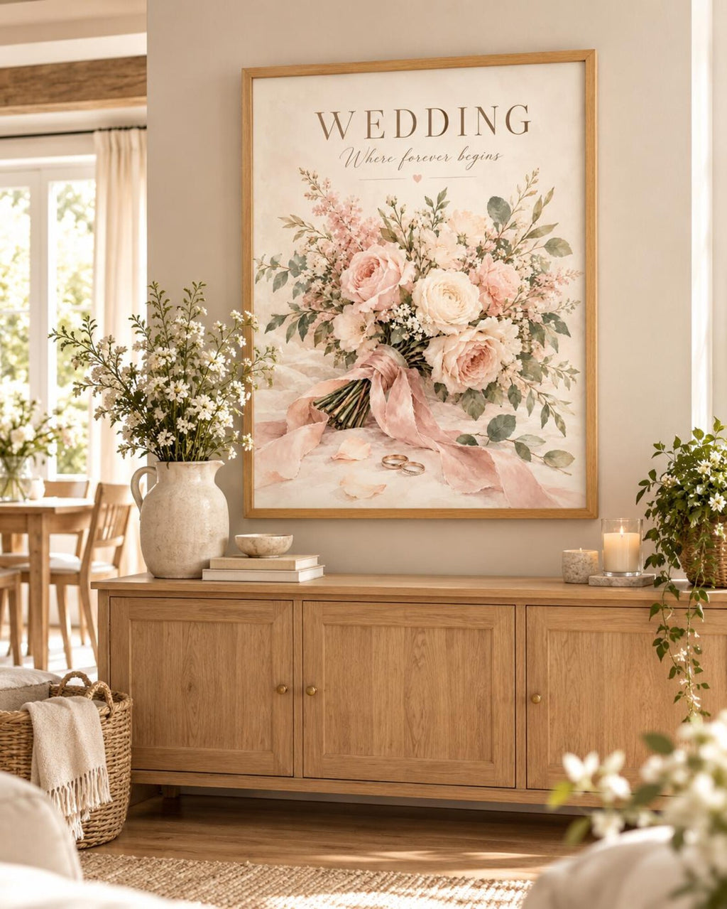 Framed Wedding Print with Blush Floral Bouquet and Romantic Marriage Quote — lifestyle mockup 5