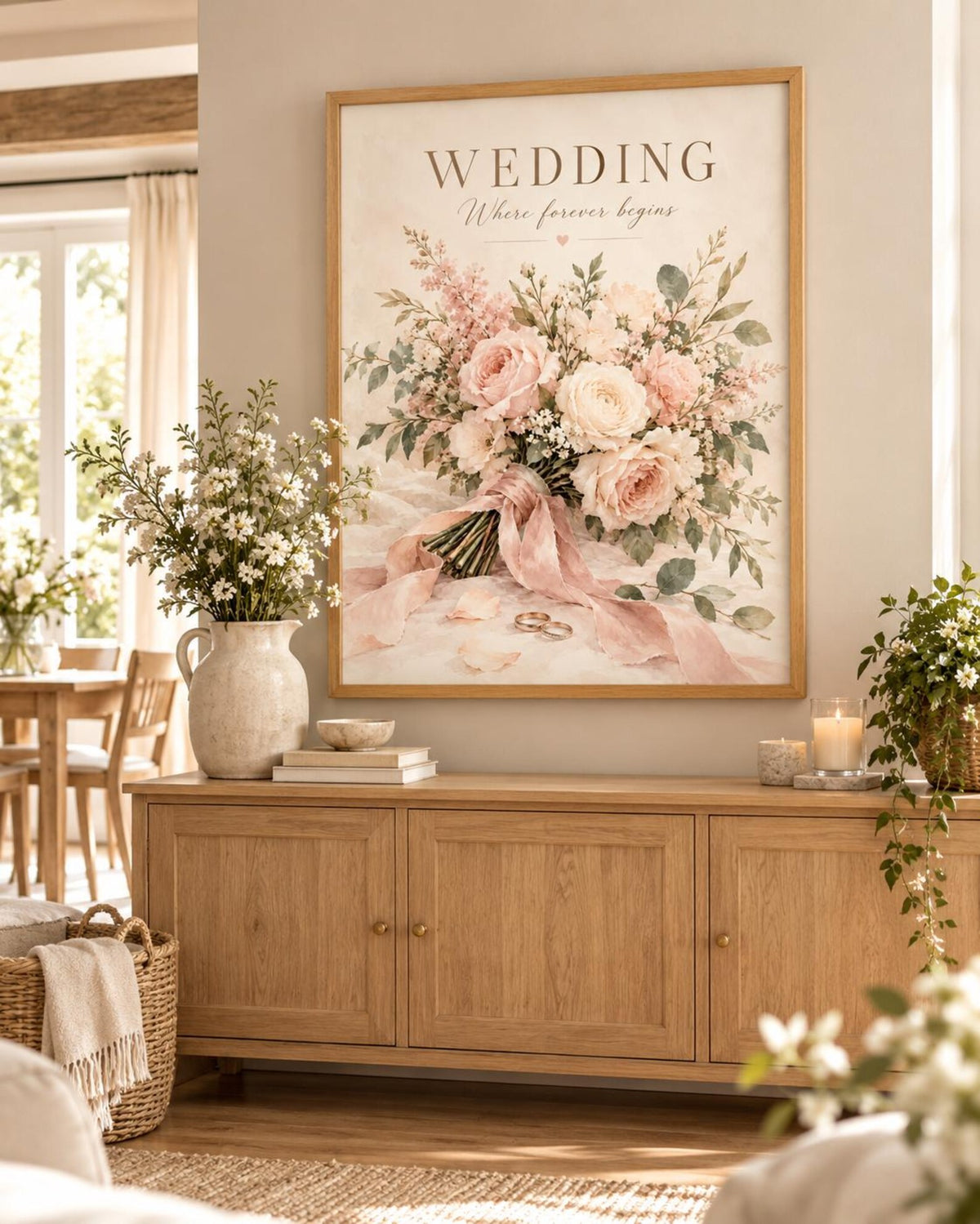 Framed Wedding Print with Blush Floral Bouquet and Romantic Marriage Quote — lifestyle mockup 5
